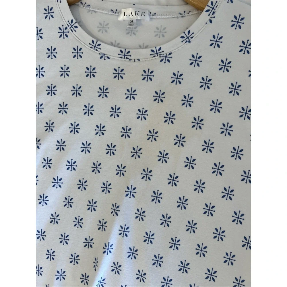 LAKE Pajamas Womens XL Pima Cotton Long-Short Set White Blue Floral Starburst - Picture 6 of 10